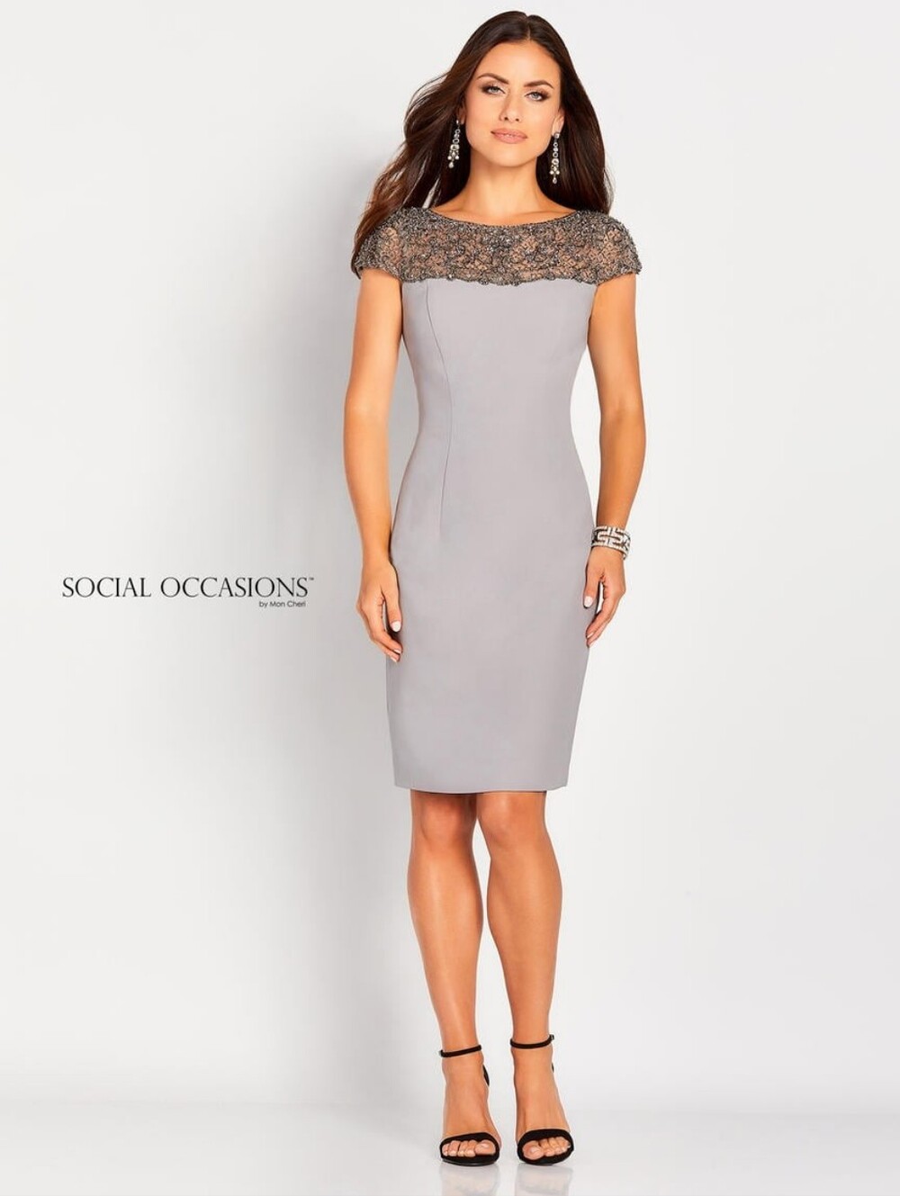 Social Occasions by Mon Cheri Gray Lace-Trim Beaded Sheath Dress
